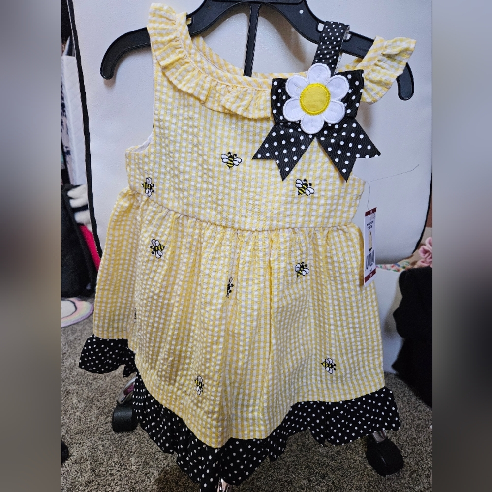 Yellow and Black Kids Dress with Floral Accent